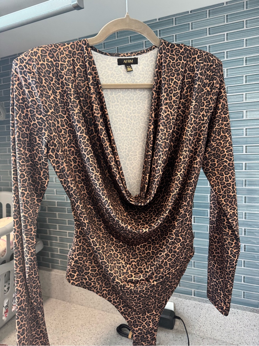 AFRM Brown Leopard Cowl-Neck Long Sleeve Bodysuit